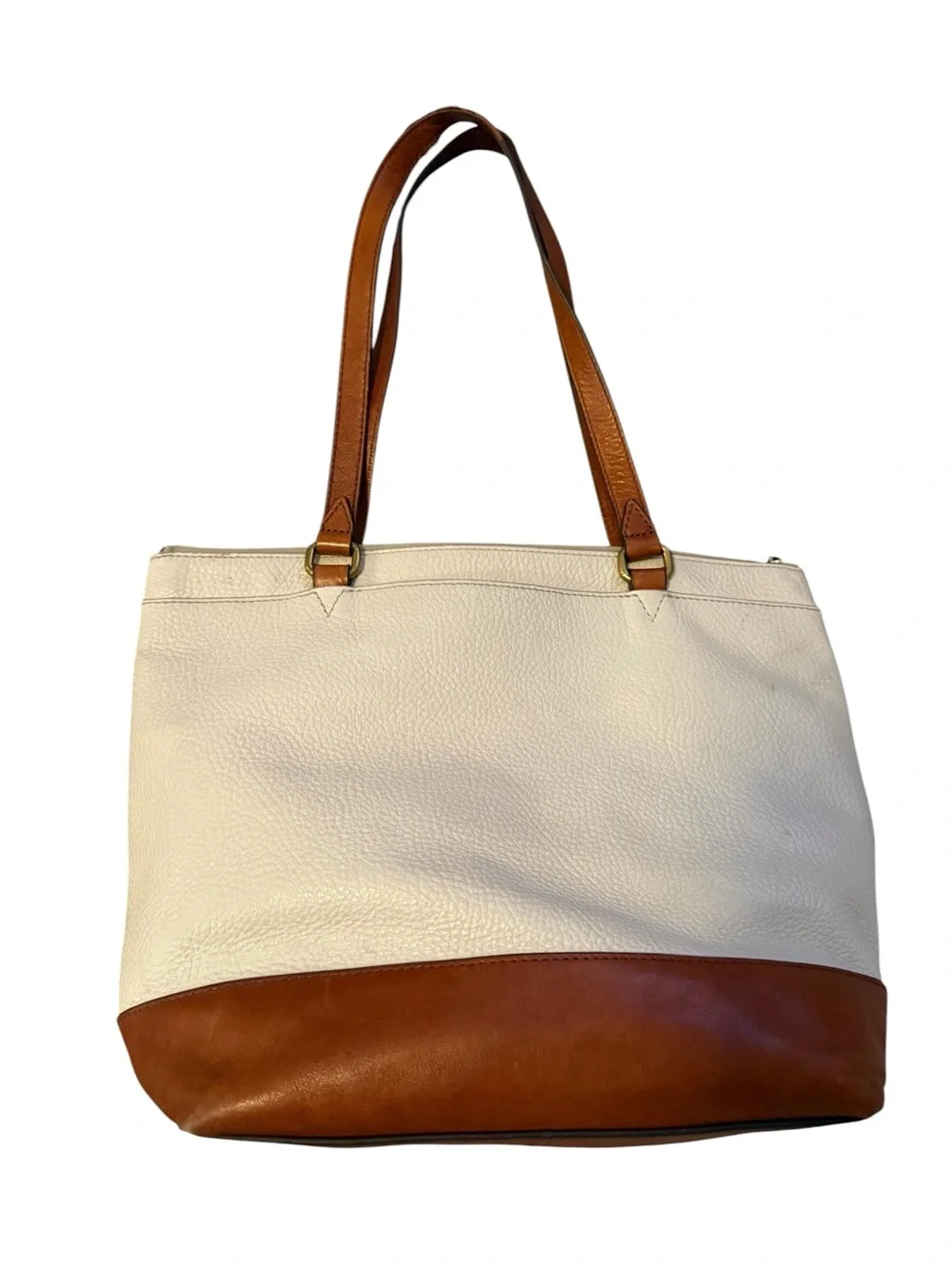 Fossil Cream and Brown Leather Tote Bag with Contrast Base